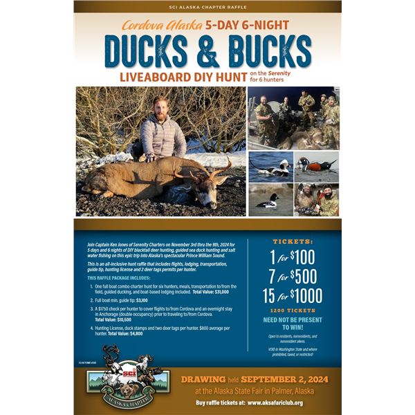 2024 Cordova Alaska All-Inclusive Deer and Duck Hunt Raffle for 6 Hunters. Sale Ends Sept. 1!