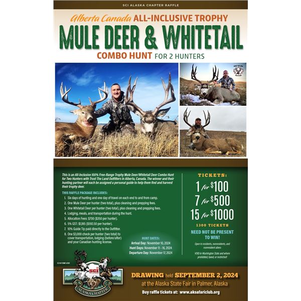 Alberta All-Inclusive Trophy Mule Deer & Whitetail Deer Combo Hunt for 2 Hunters. Ends Sept. 1st.