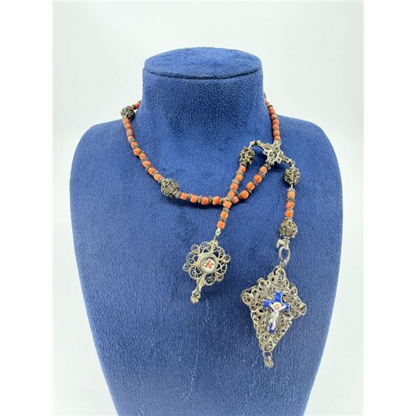 Antique Spanish Colonial Coral Bead Rosary