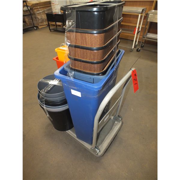 Cart On Wheels & Assorted Garbage Cans