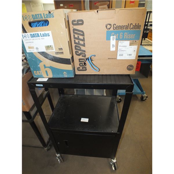 2 Boxes Of UTP Cable & Black Cart On Wheels