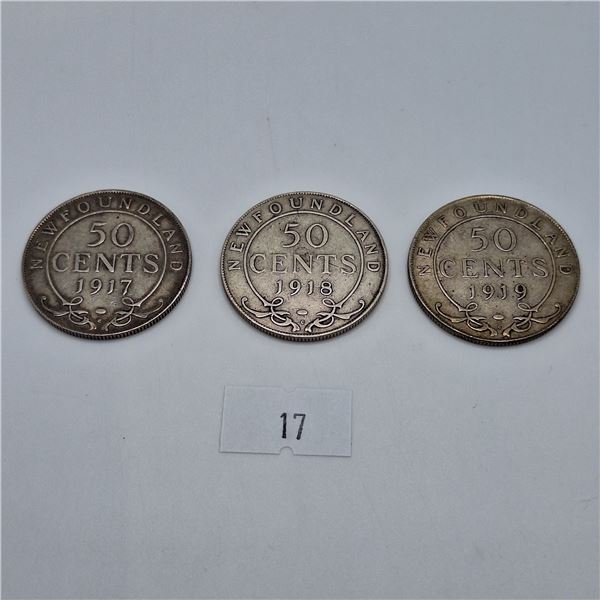 1917-1919 Newfoundland Fifty Cent Coin Set of 3 - George V