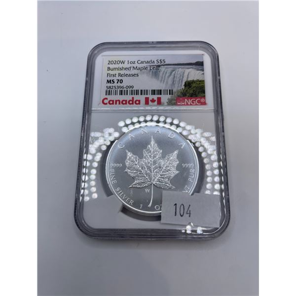 RARE! NGC MS70 2020W 1oz .9999 Silver Burnished Maple Leaf Coin- ONLY 10,000 MINTED
