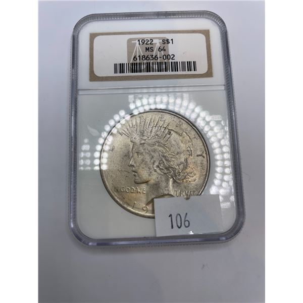 ANA MS64 Slabbed 26.73g 90% Silver American Peace Dollar