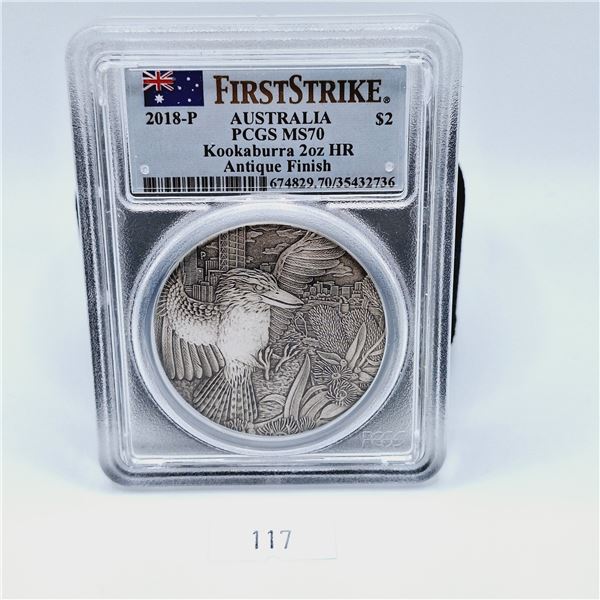 PCGS MS70 First Strike 2018-P Australia $2 Kookaburra 2oz HR Antique Finish Silver Coin