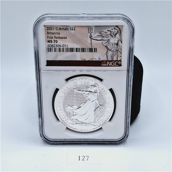 NGC MS70 Great Britain 2 Pound Britannia First Releases 1oz Silver Coin