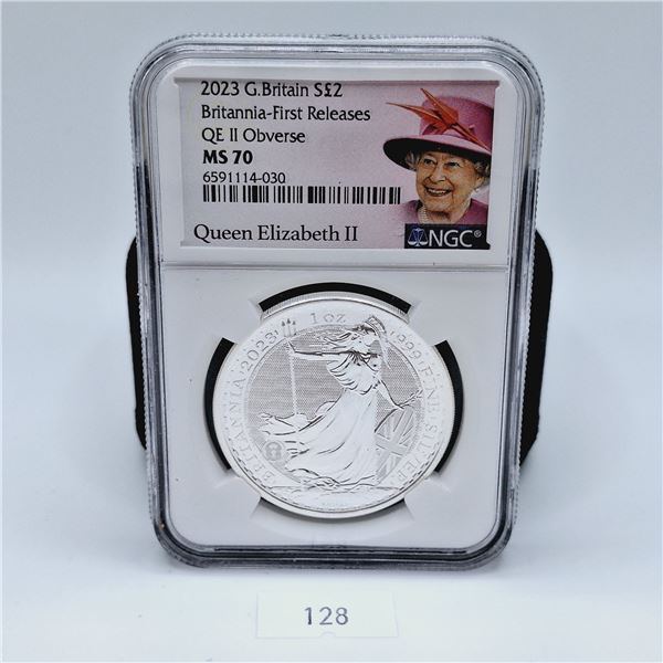 NGC MS70 2023 Great Britain 2 Pound Britannia - First Releases, QE II Obverse 1 oz Silver Coin