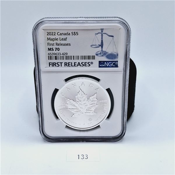 NGC MS70 2022 Canada $5 Maple Leaf First Releases 1oz Silver Coin