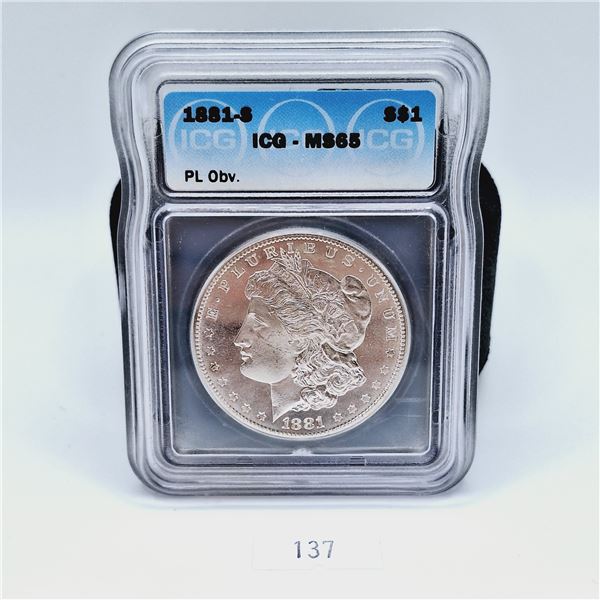 ICG MS65 PL Obv. 1881S American Morgan Dollar 26.73g 90% Silver