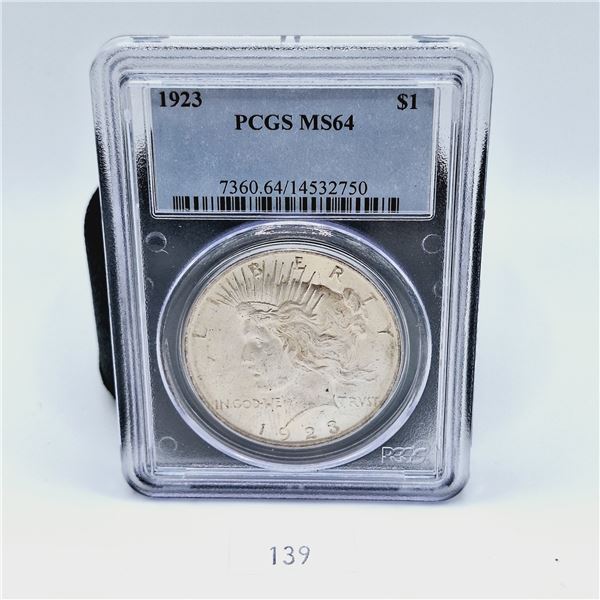 PCGS MS64 1923 American Silver Peace Dollar 26.73g 90% Silver