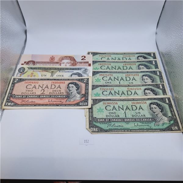 Canadian One and Two Dollar Bills $10 Face Value