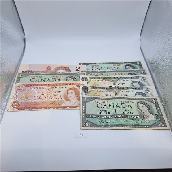 Canadian One and Two Dollar Bills $10 Face Value