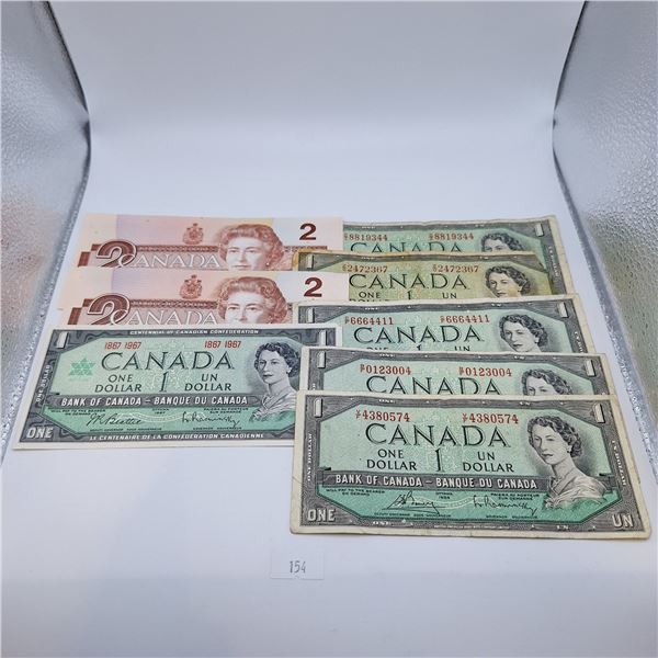 Canadian One and Two Dollar Bills $10 Face Value