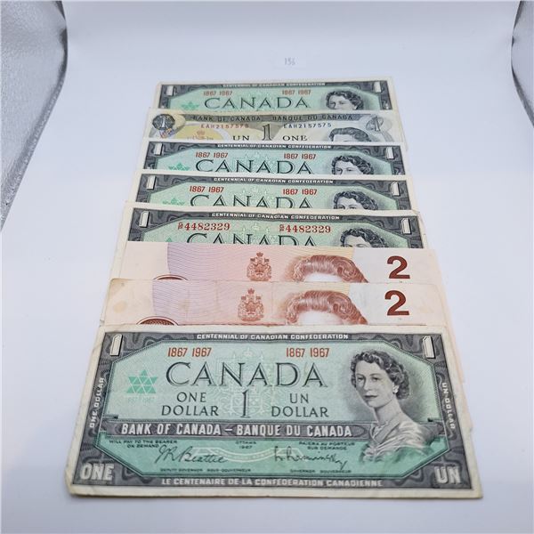 Canadian One and Two Dollar Bills $10 Face Value