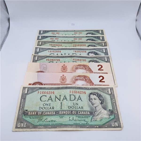 Canadian One and Two Dollar Bills $10 Face Value