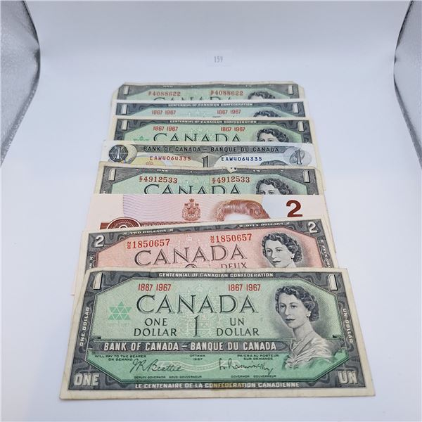 Canadian One and Two Dollar Bills $10 Face Value