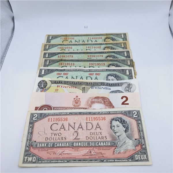 Canadian One and Two Dollar Bills $10 Face Value