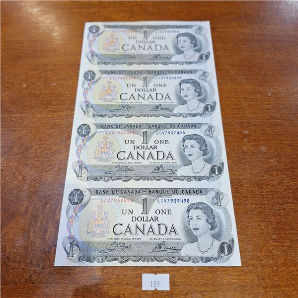 1973 Uncut Sheet of 4 $1 Canadian Banknotes