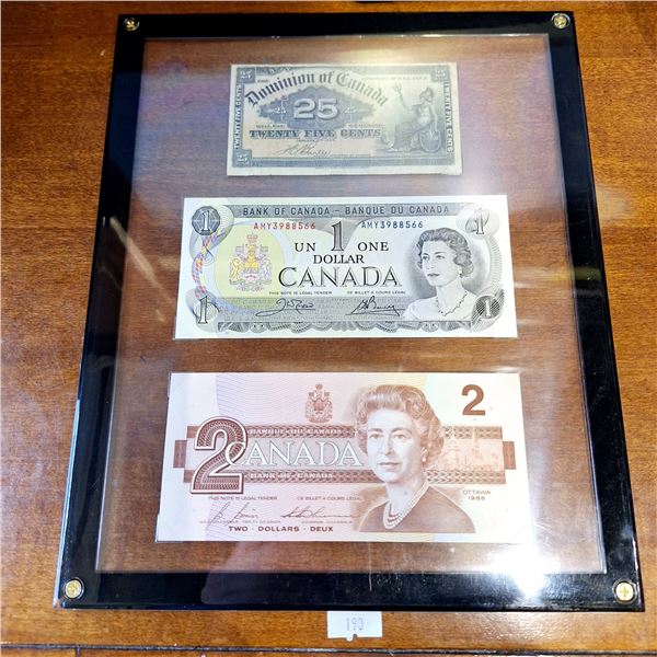 Framed Set of 3 25 Cent, $1, $2 Canadian Banknotes