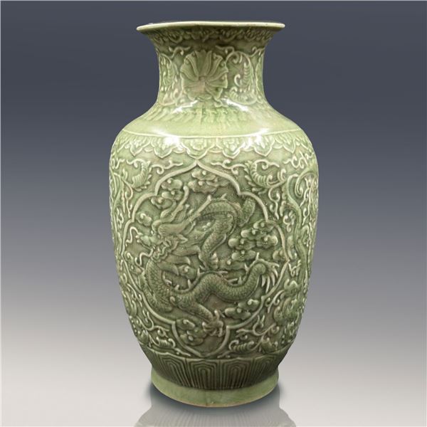 Large Chinese Longquan Glaze Molded Porcelain Vase With Five Claw Dragon