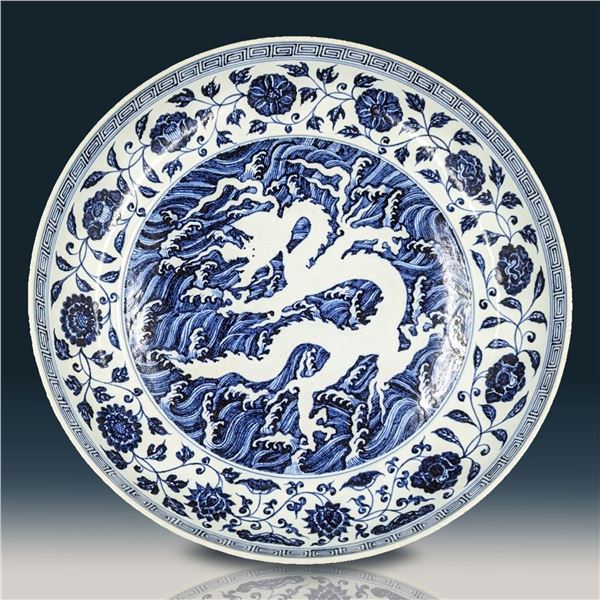 Large Chinese Blue And White Porcelain Dragon Charger