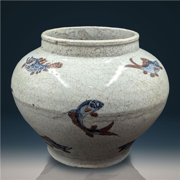 Large Chinese Crackle Glaze Porcelain Jar With Blue And Copper Red Underglaze Fish