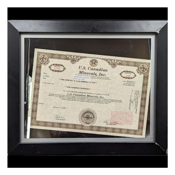 Framed U.S. Canadian Minerals Inc Unclaimed Stock Certificate
