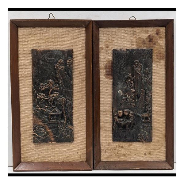 Pair Of Framed Old Chinese Repousse Copper Plaques