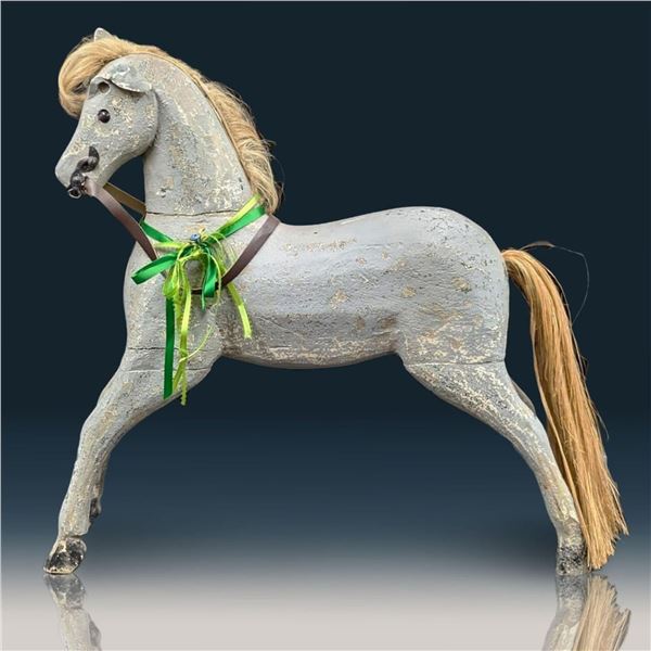 19th Century American Folk Art Carved Wood Horse Toy With Horse Hair Tail Mane And Straw Tail