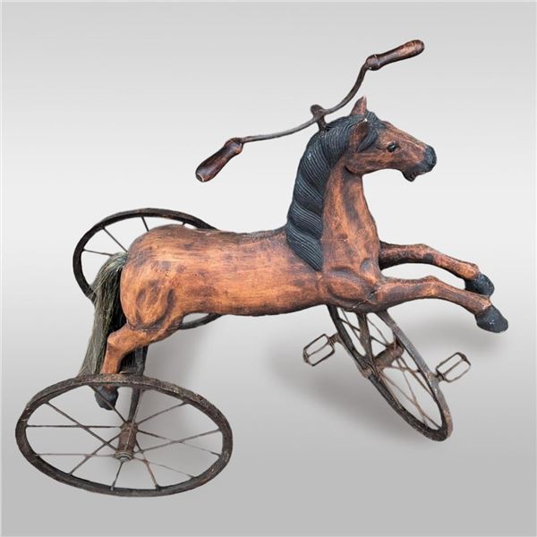 Antique Carved Wooden Children's Horse Tricycle With Horse Hair Tail