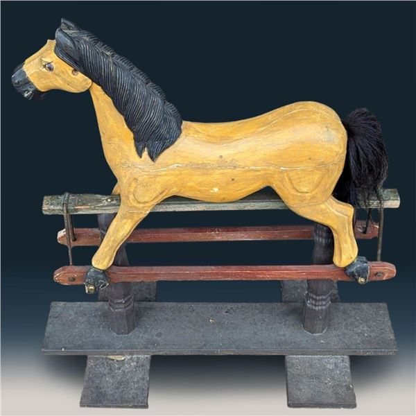 Antique Carved And Painted Wooden Children's Rocking Horse With Horse Hair Tail