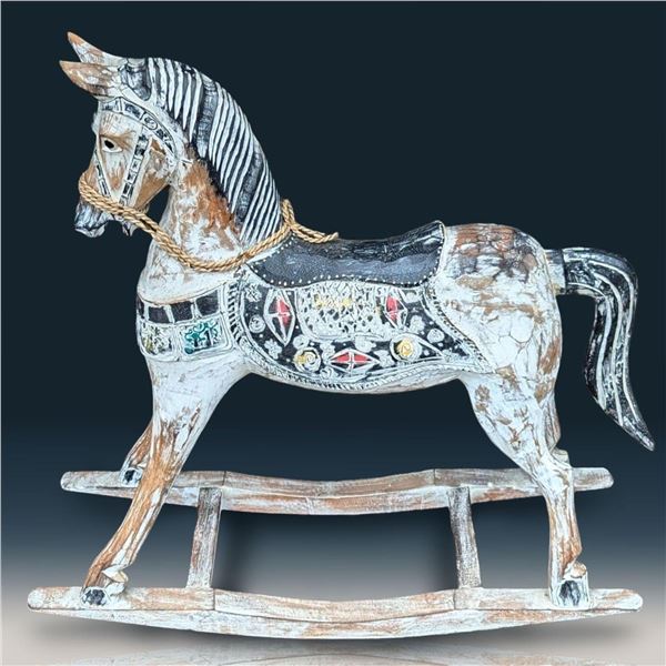 Antique Carved And Hand Painted Wooden Children's Rocking Horse