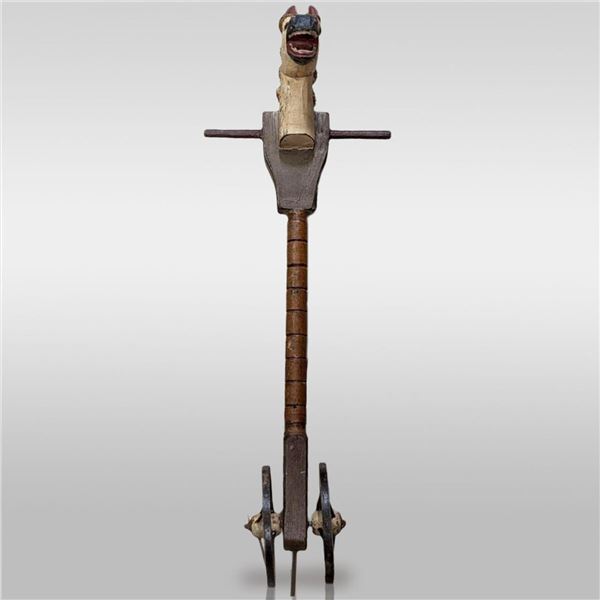 Small Antique Hand Painted Carved Wooden Hobby Horse Toy With Wheels And Glass Eyes