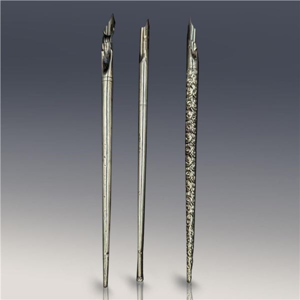Lot Of 3 Sterling Silver Dip Pens Each Equipped With A Mint Unused Steel Dip Nib