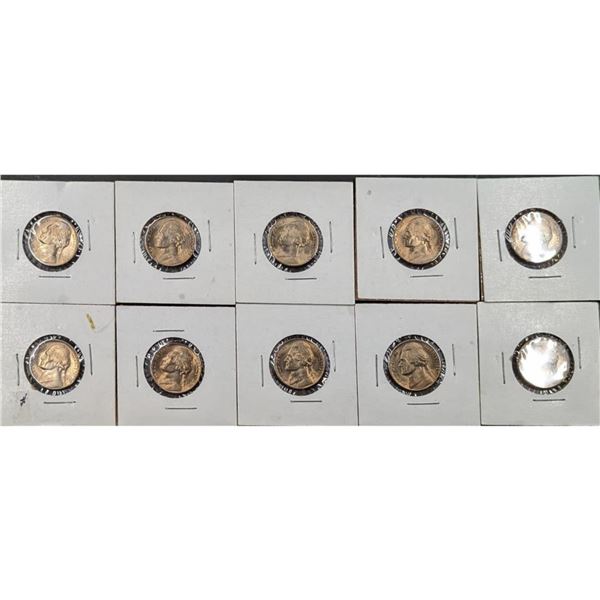 10 Piece Lot Of 1950D Jefferson Nickels, All Gem BU Full Steps, Each In Coin Holders