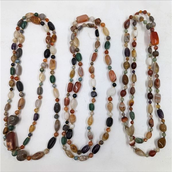 Set Of 3 Large Carved And Polished Precious Stone Beaded Necklaces