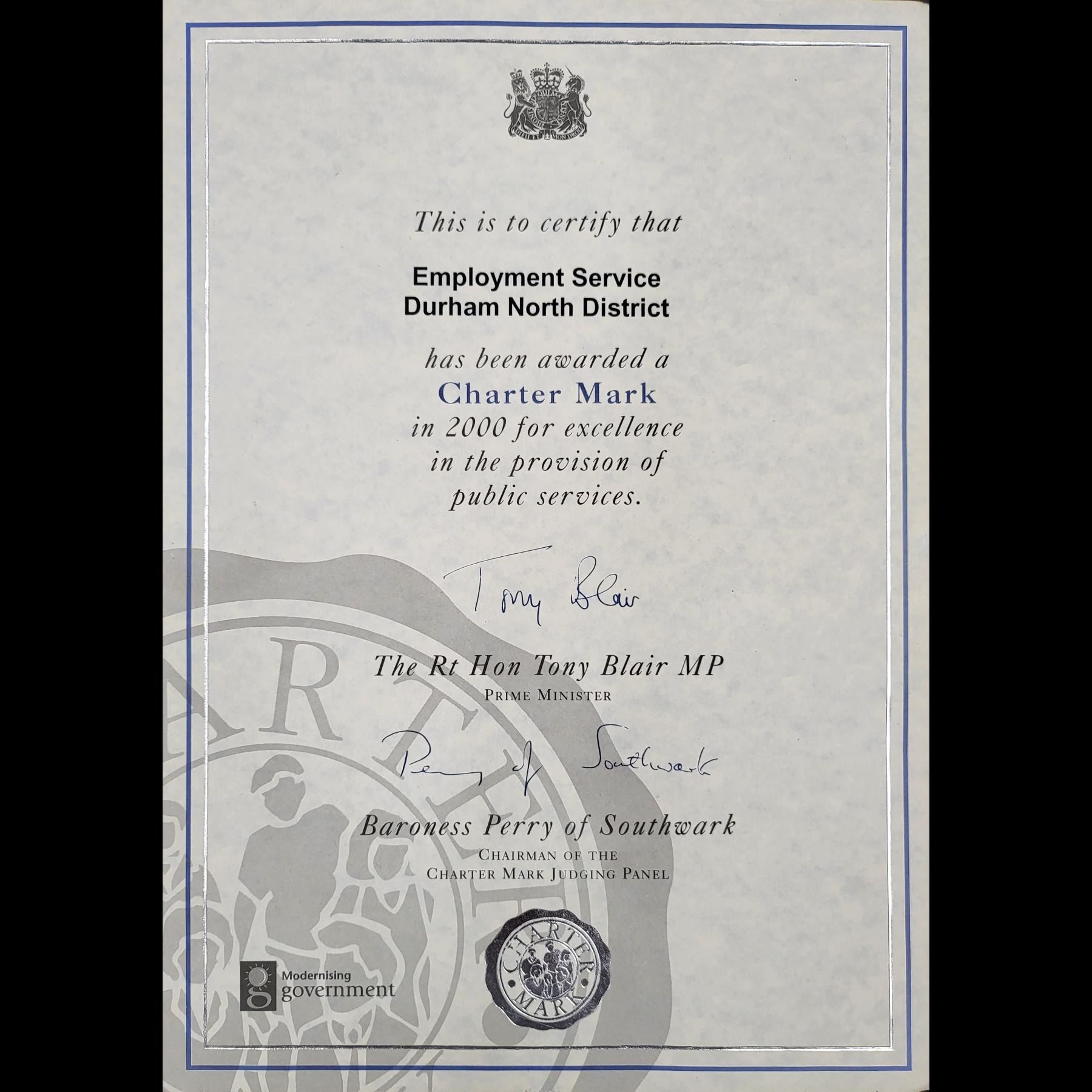 Former UK Prime Minister Tony Blair Signed Charter Mark Award