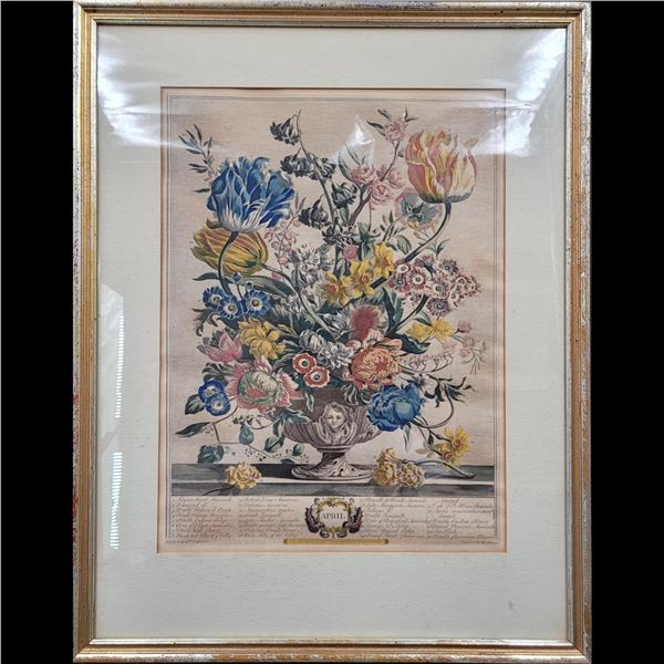 18th C Henry Fletcher Color Engraving "12 Months Of Flowers" April