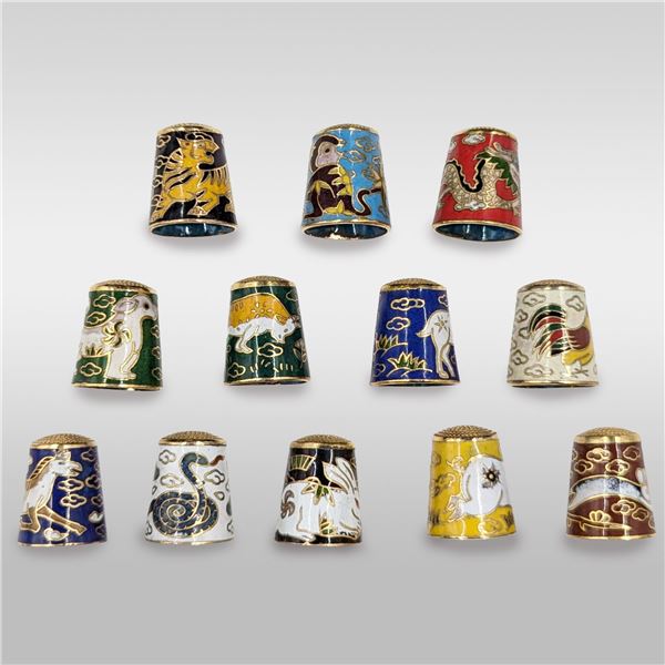 Grouping Of 12 Fine Vintage Chinese Cloisonne Thimbles, Depicting The Chinese Zodiac