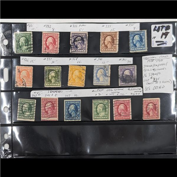 16 Piece Lot Of Washington General Issues From 1908 To 1910