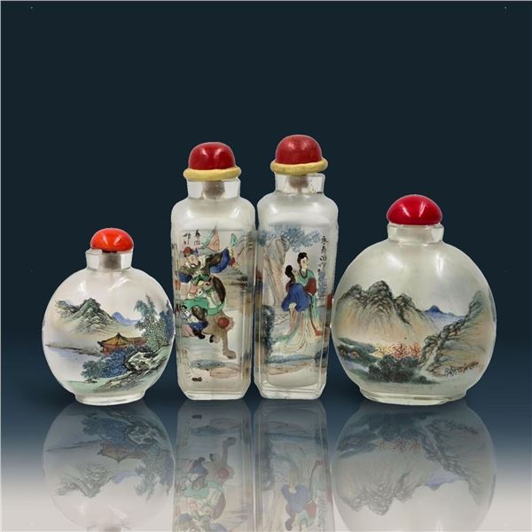 Lot Of 4 Inside Painted Chinese Snuff Bottles, 2 Large Ones With Calligraphy