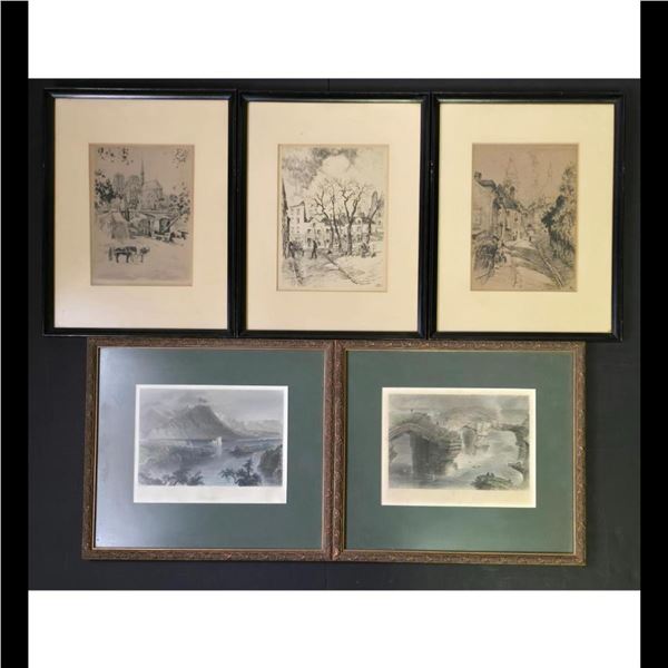 Pair Of W.H Bartlett Engravings Colored And 3 Etchings Other Artist ( 5 Framed Pieces)