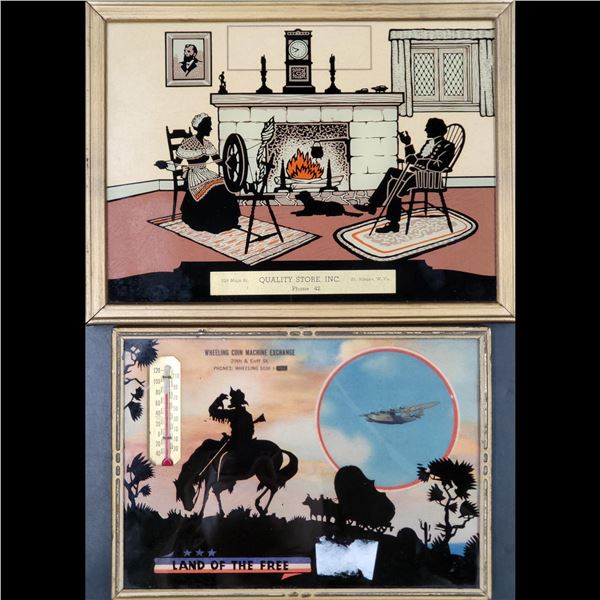 Pair Of Vintage Advertising Silhouettes With Inset Thermometer & Calendar Circa 1952