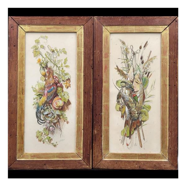 Jessie Tarpley-Pair Of Watercolor Still Life Fish Lobster Chicken Signed