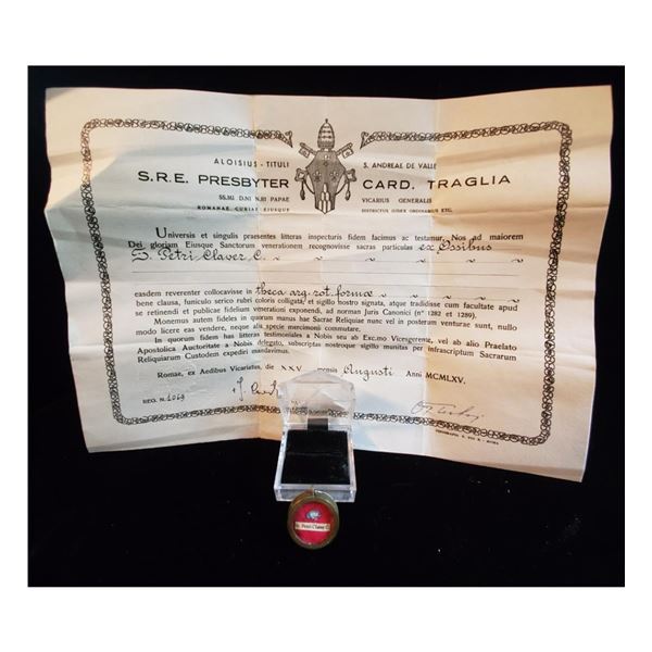 1st class relic of Saint Peter Claver with authentication document dated 1965