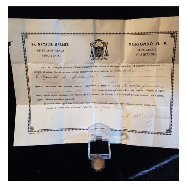 1st class relic of Saint Camillus de Lellis with authentication document dated 1938