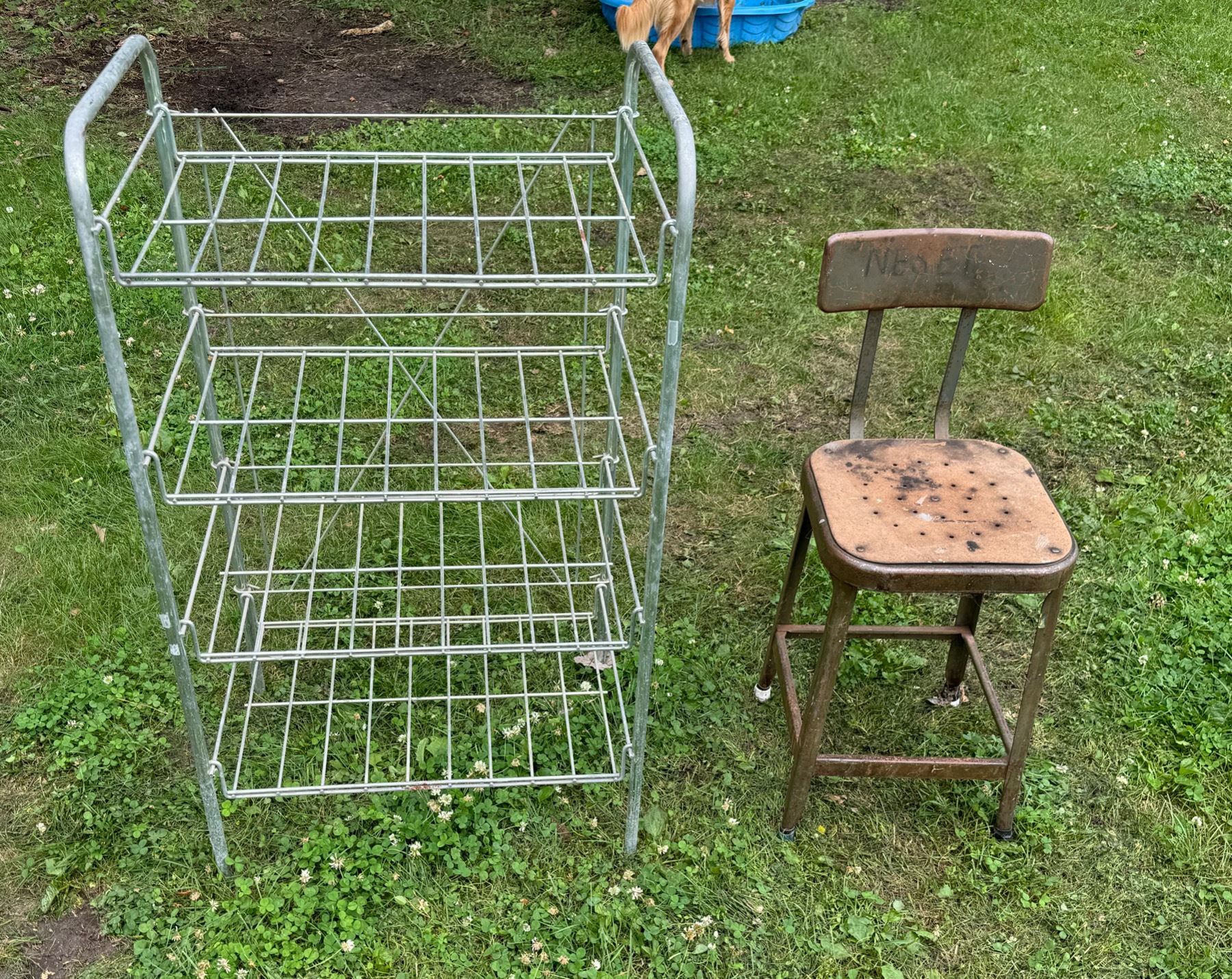 HEAVY DUTY METAL RACK/SHELF AND VINTAGE METAL SHOP CHAIR