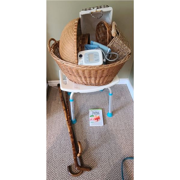Baskets, canes, tub stool A