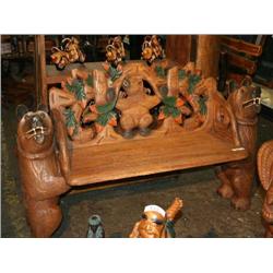 WOODEN BENCH WITH BEARS ENGRAVED
