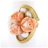 Image 1 : Vintage 14K Gold Carved Angel Skin Coral Pearl Rose Flower Bouquet Cocktail Ring